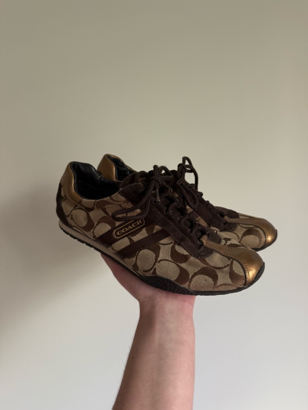 Vintage Y2K Coach Brown and Metallic Bronze Logo Runner Sneakers